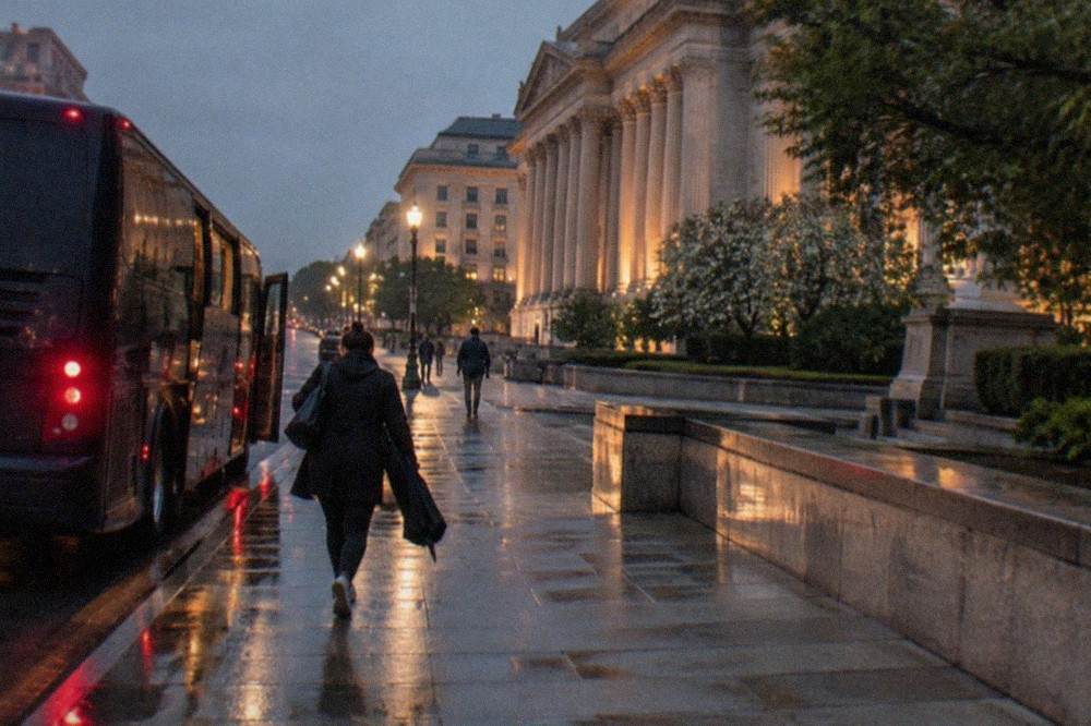 A lit tour bus on a downtown Washington DC street at dusk with office towers glowing behind it