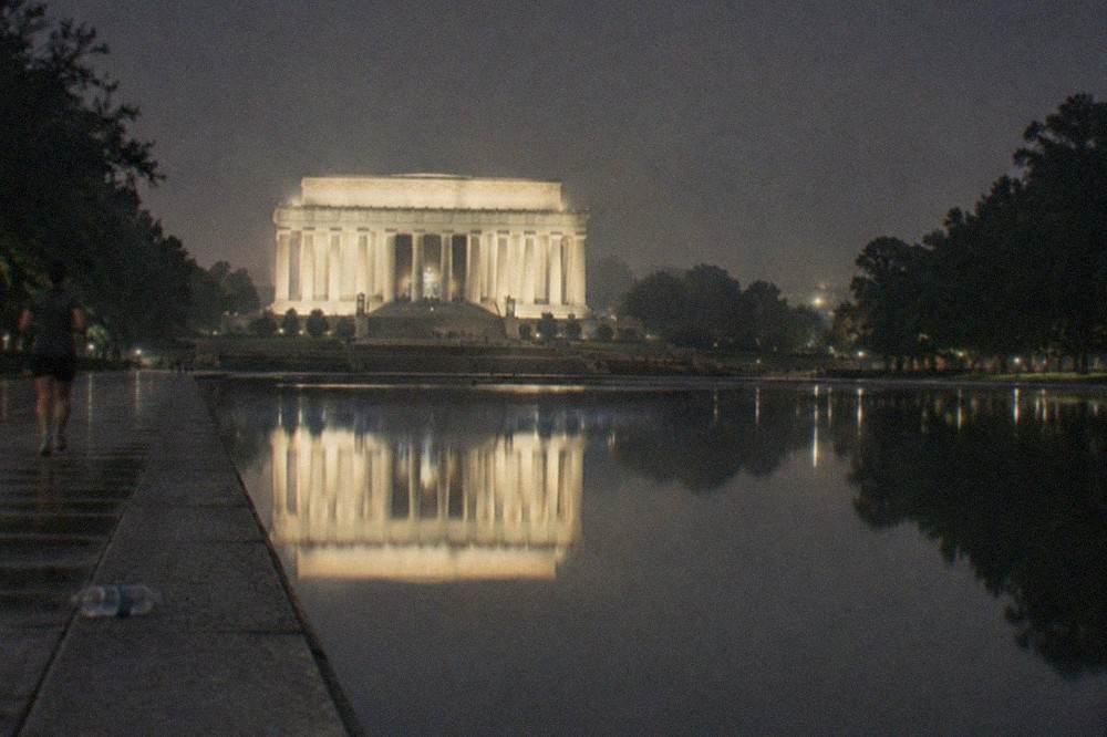A wide shot of the Lincoln Memorial glowing under floodlights at night, its columns reflected in the still water of the Reflecting Pool