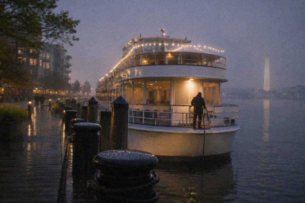 A dinner boat lit up and moored at a waterfront pier in the evening