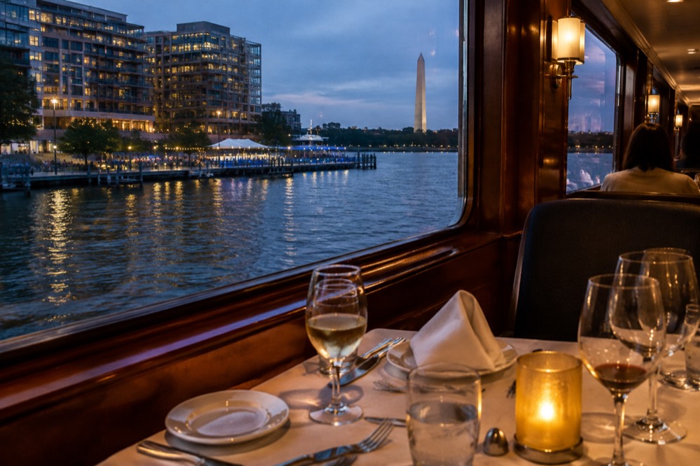 A table set for dinner with cloth napkins and glassware on a cruise ship