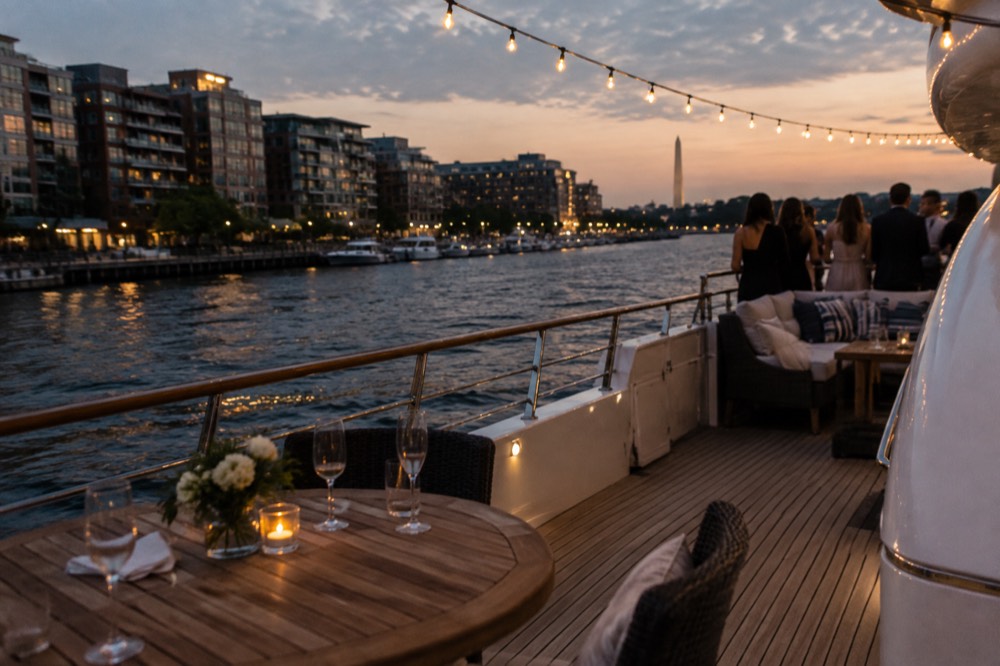 An open-air yacht deck with string lights glowing over the water at night
