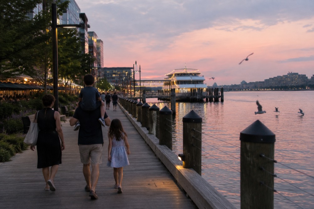A family walking along a lit waterfront boardwalk toward a boat pier in the evening