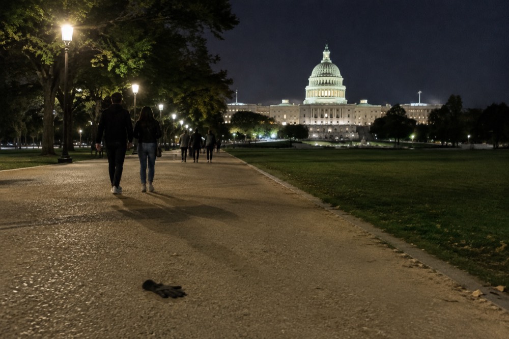 Visitors walking the lit path between the Washington Monument and Capitol at night