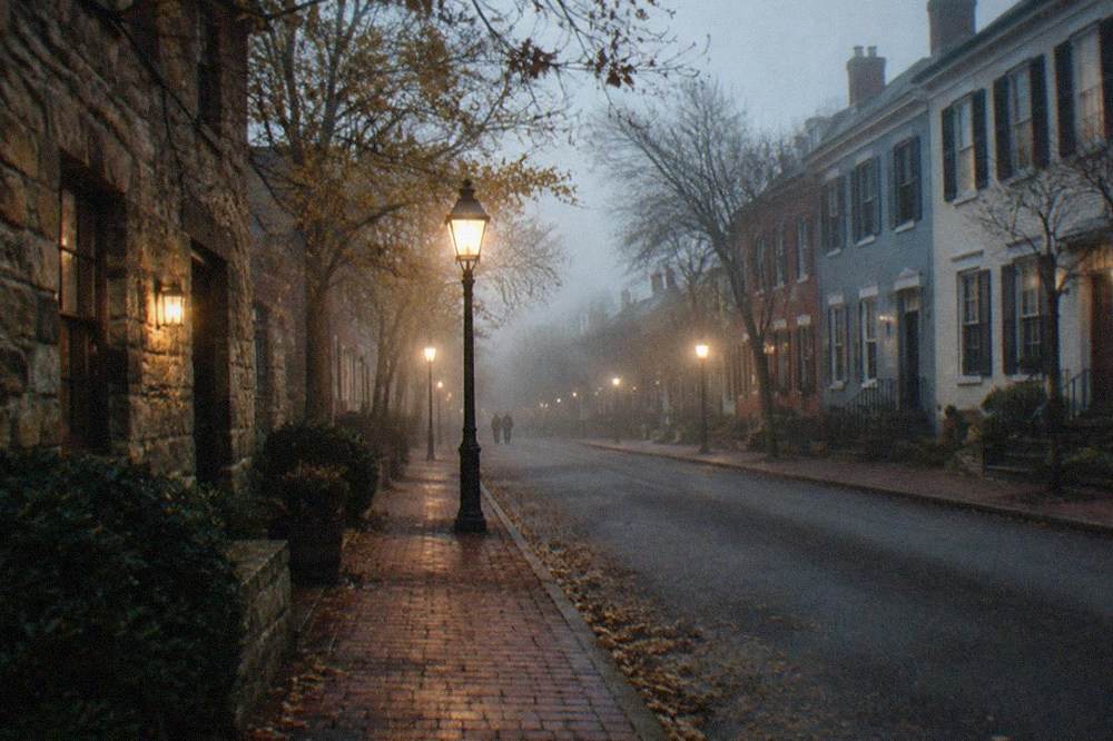 A foggy evening view of row houses on a quiet Washington DC street