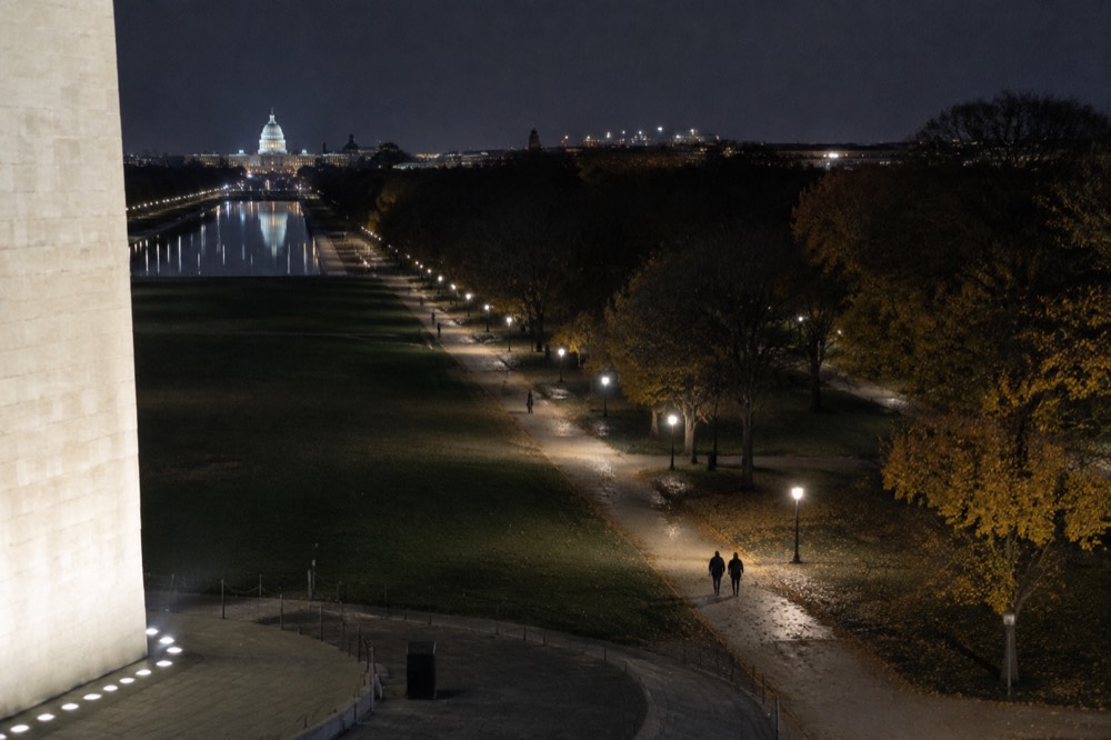 Wide view of the illuminated Washington Monument and Mall grounds under a dark sky