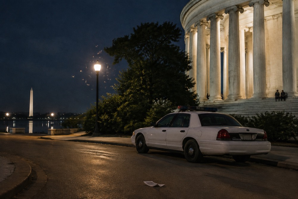 Park Police vehicle parked near lit memorial columns on the Mall
