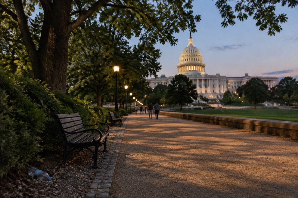 Evening view of the lit Capitol dome seen across quiet Mall walkways