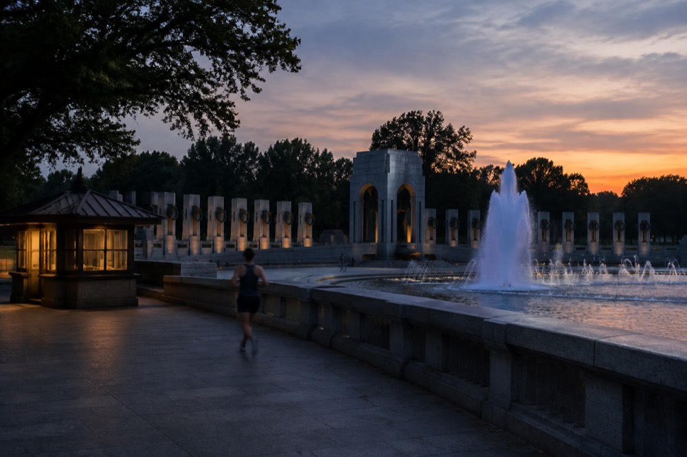 Ranger station kiosk beside an illuminated memorial plaza at dusk