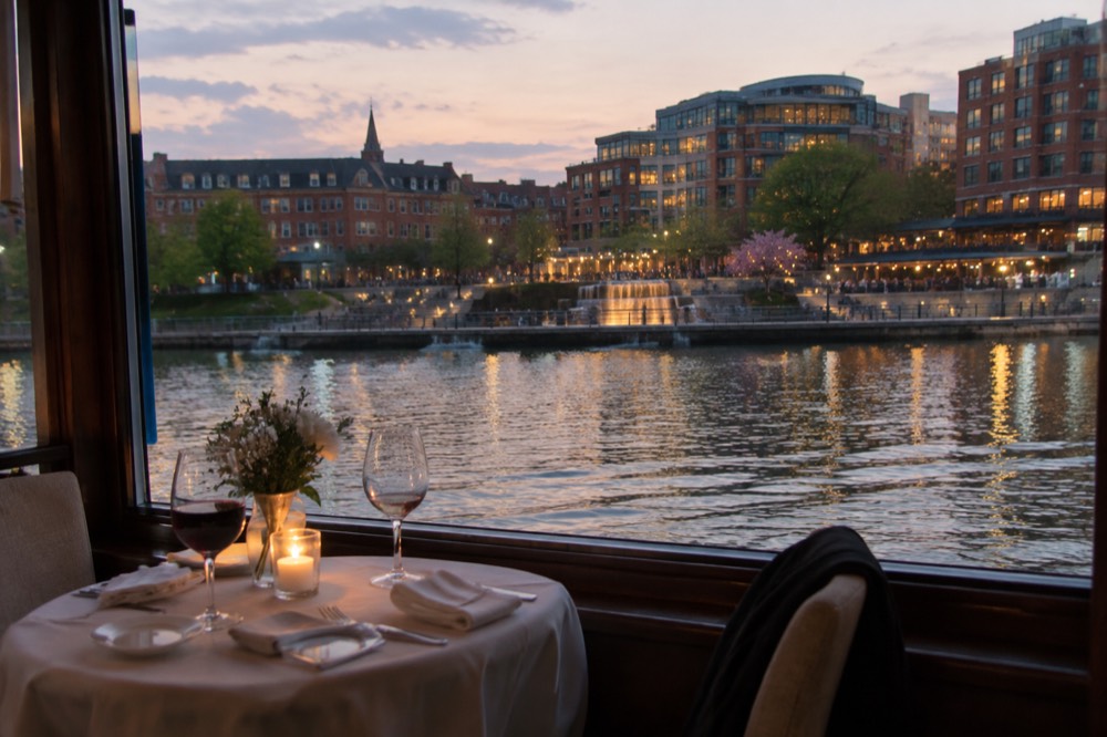 A candlelit dinner table set beside a cruise boat window with city lights visible on the river outside