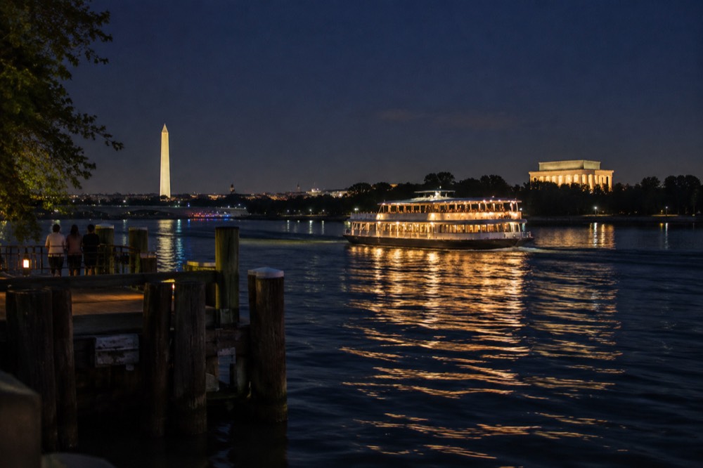 A cruise boat passing the illuminated monuments on the river at night seen from the opposite bank