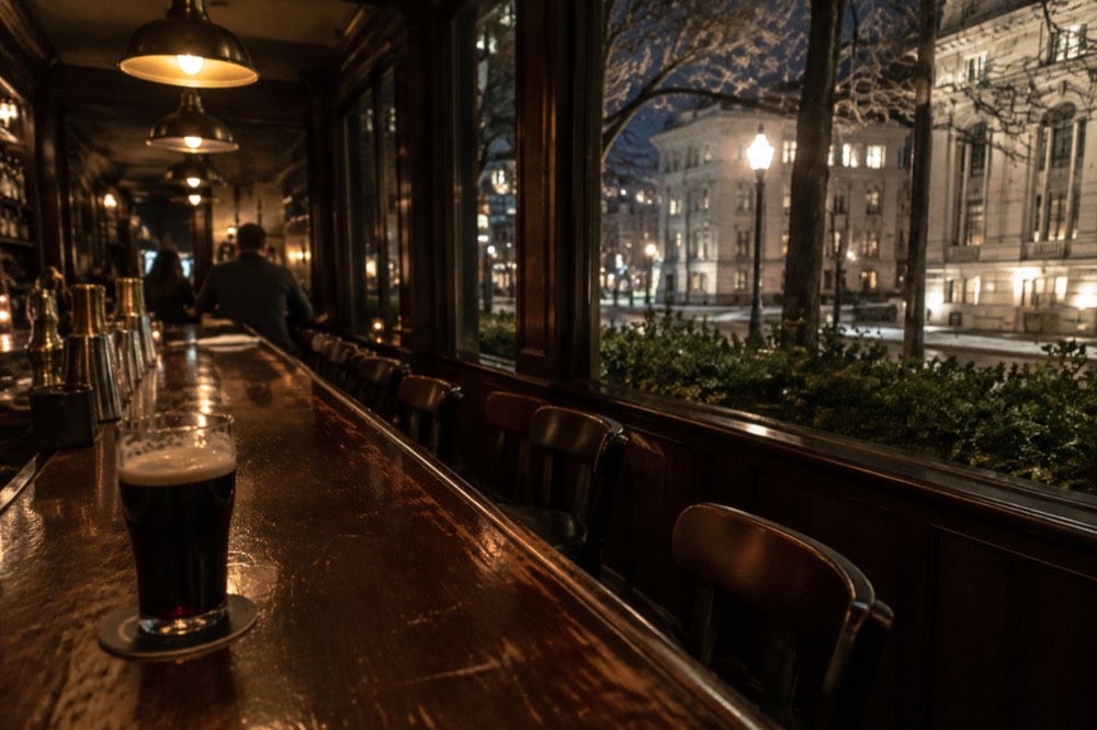 A warm lit pub interior at night with a long wooden bar and hanging lamps