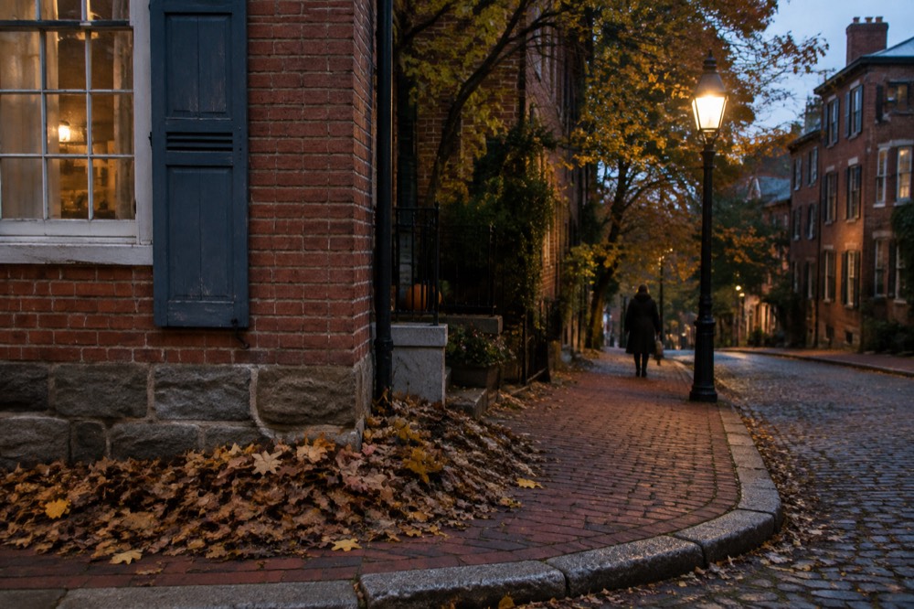 Nighttime view of a lamplit brick street corner with autumn leaves on the pavement