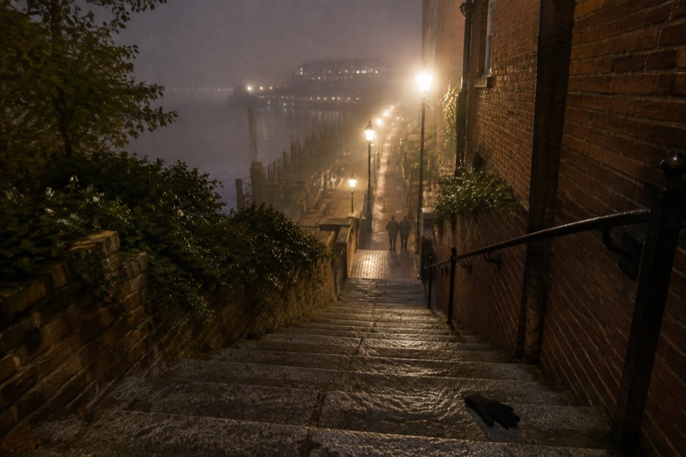 A steep stone staircase between brick buildings lit from below at night