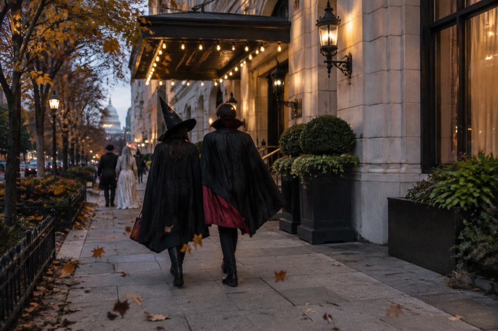 A crowd of people in costumes walking a city sidewalk at night under string lights