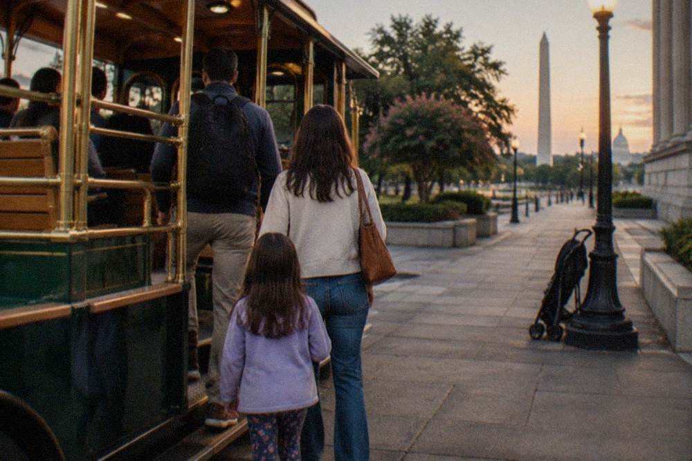 Lit trolley parked on a Washington DC street at dusk with monuments in the distance