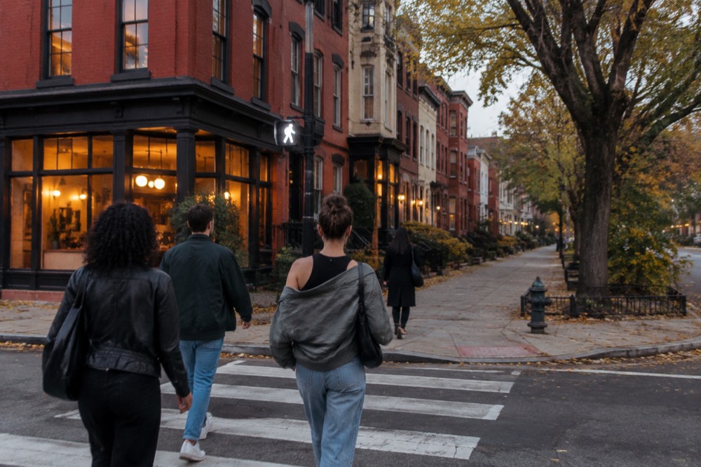 A small group of adults walking together past lit storefronts on a downtown Washington DC evening