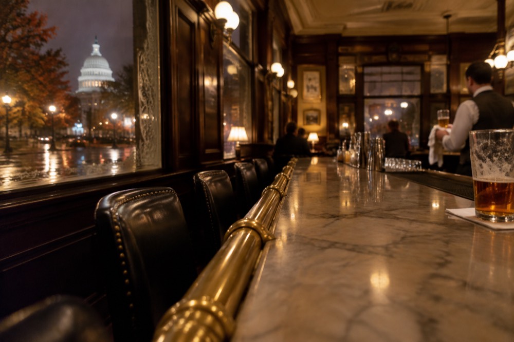 Evening view of a historic downtown Washington DC bar interior with brass fittings and low lighting
