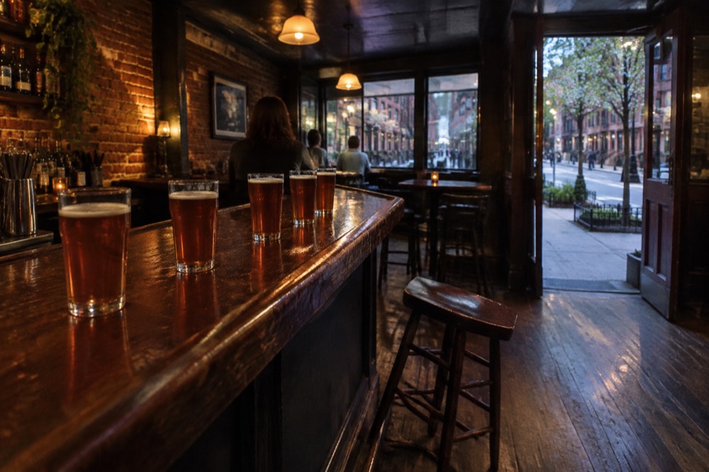 Glasses of beer lined up on a polished wooden bar top in warm light