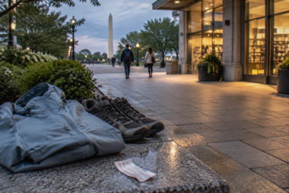A light jacket and walking shoes laid out on a bench for an evening tour